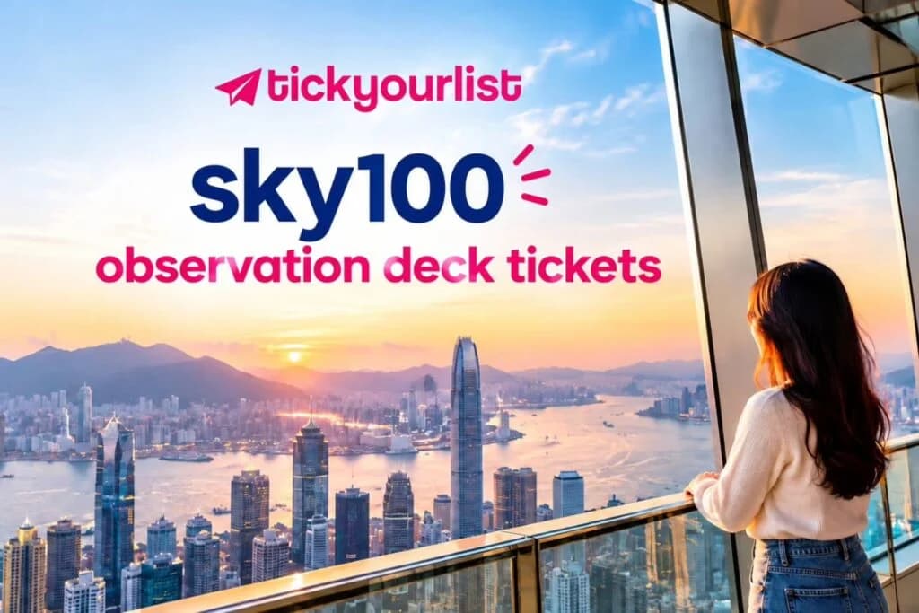 Sky100 observation deck overlooking Hong Kong skyline at sunset.