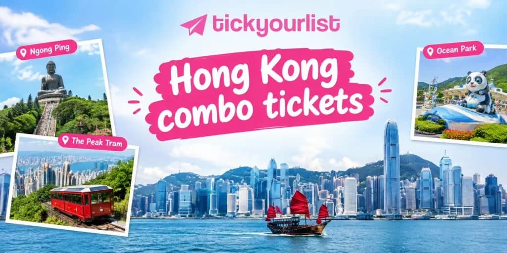 Hong Kong combo tickets featuring Ngong Ping, The Peak Tram, Ocean Park, and the Hong Kong skyline.