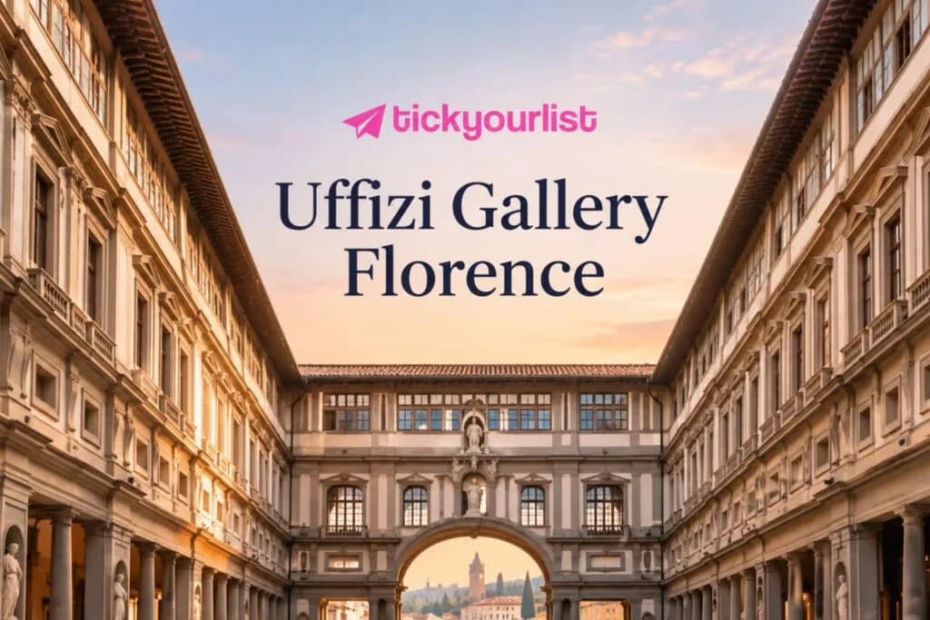 Uffizi Gallery Florence courtyard at sunset, featuring Renaissance architecture and statues.