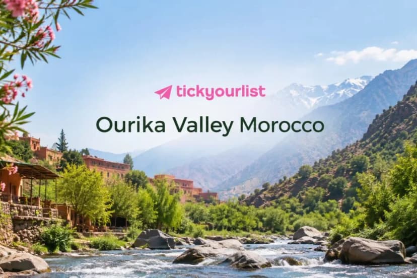 Ourika Valley Morocco with scenic Atlas Mountains, lush greenery, flowing river.