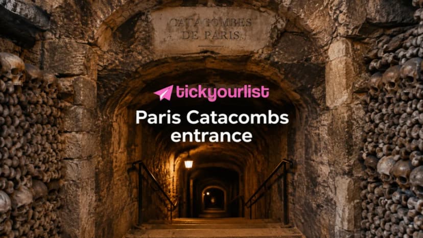 Paris Catacombs entrance with historic stone arches, underground tunnel, skull-lined walls, warm lighting.