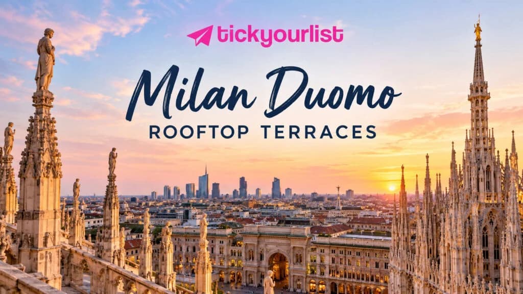 Milan Duomo rooftop terraces at sunset, featuring the cathedral’s Gothic spires, intricate marble architecture, and panoramic views of Milan.