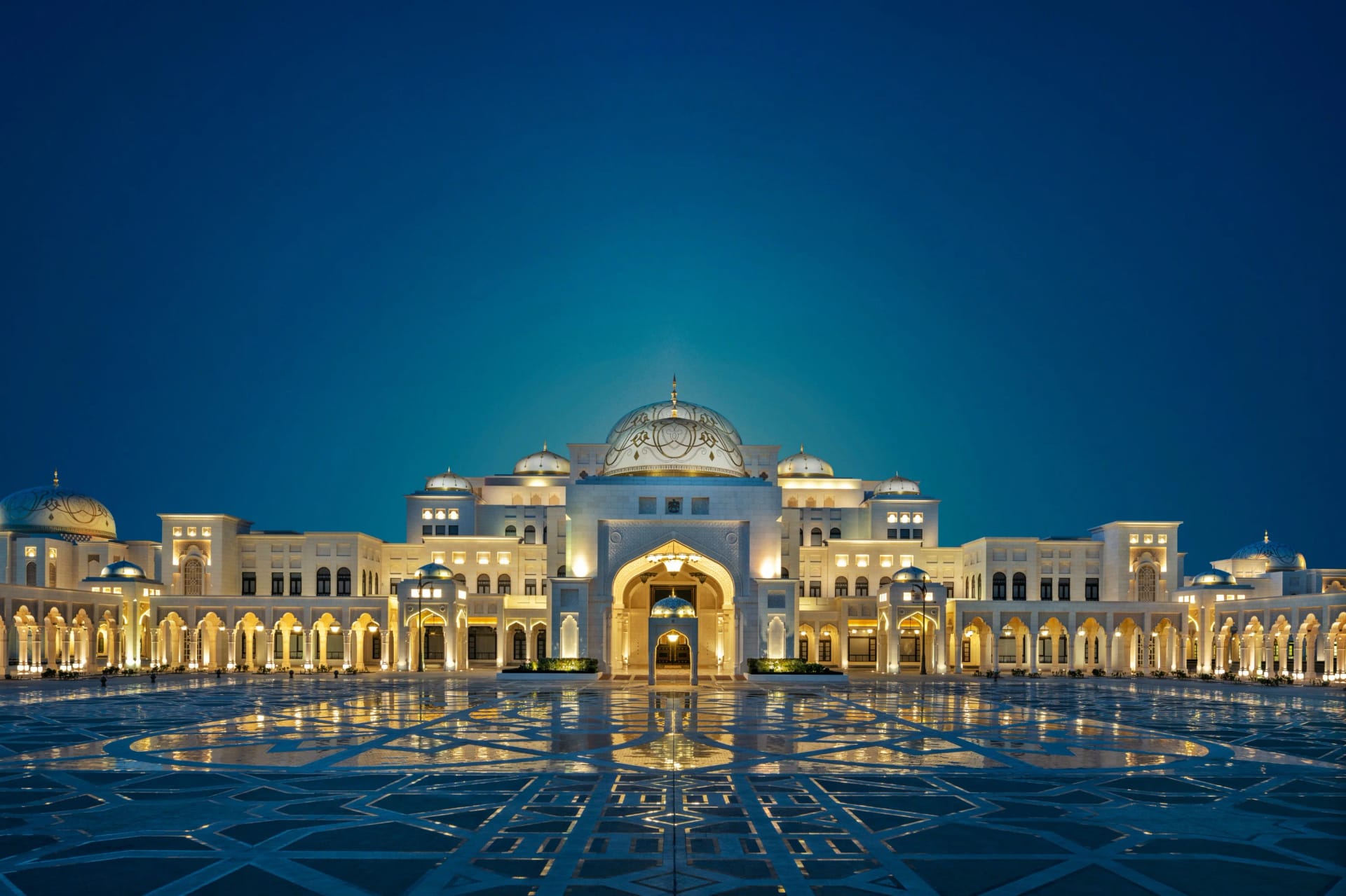 Qasr Al Watan illuminated at night in Abu Dhabi