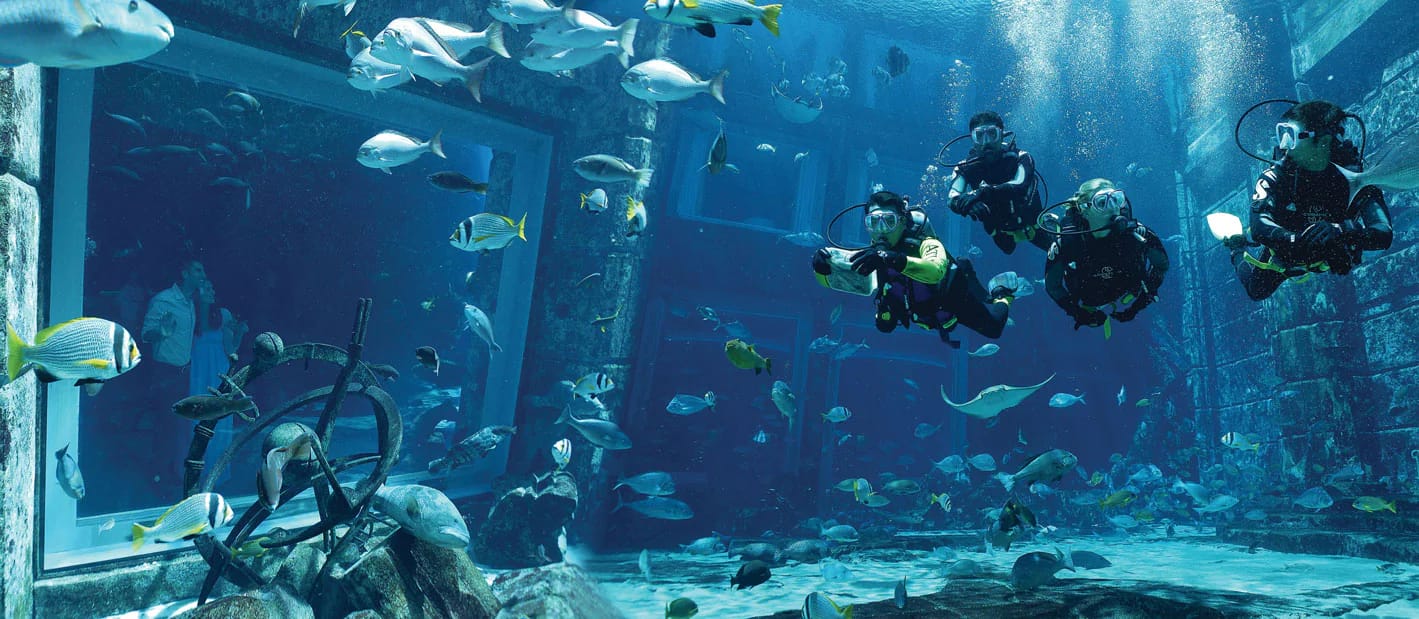 Atlantis scuba diving at The Lost World Aquarium, Dubai