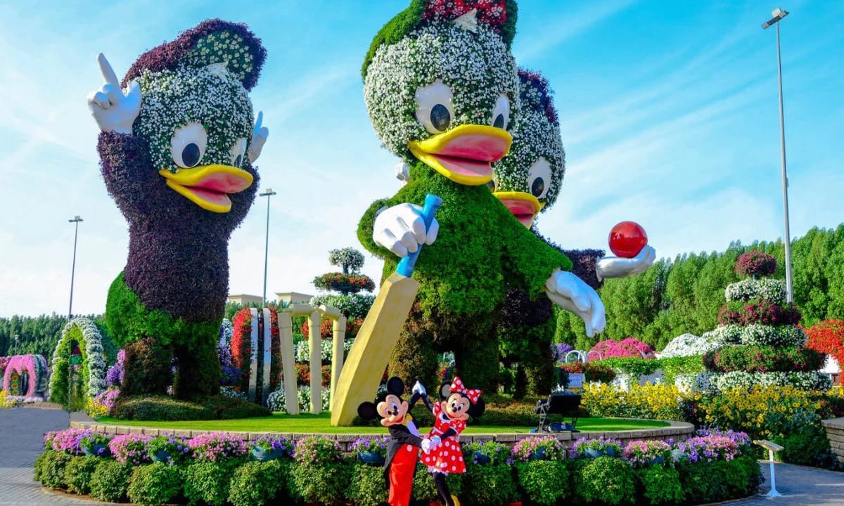 Vibrant Disney-themed flower sculptures in Dubai Miracle Garden