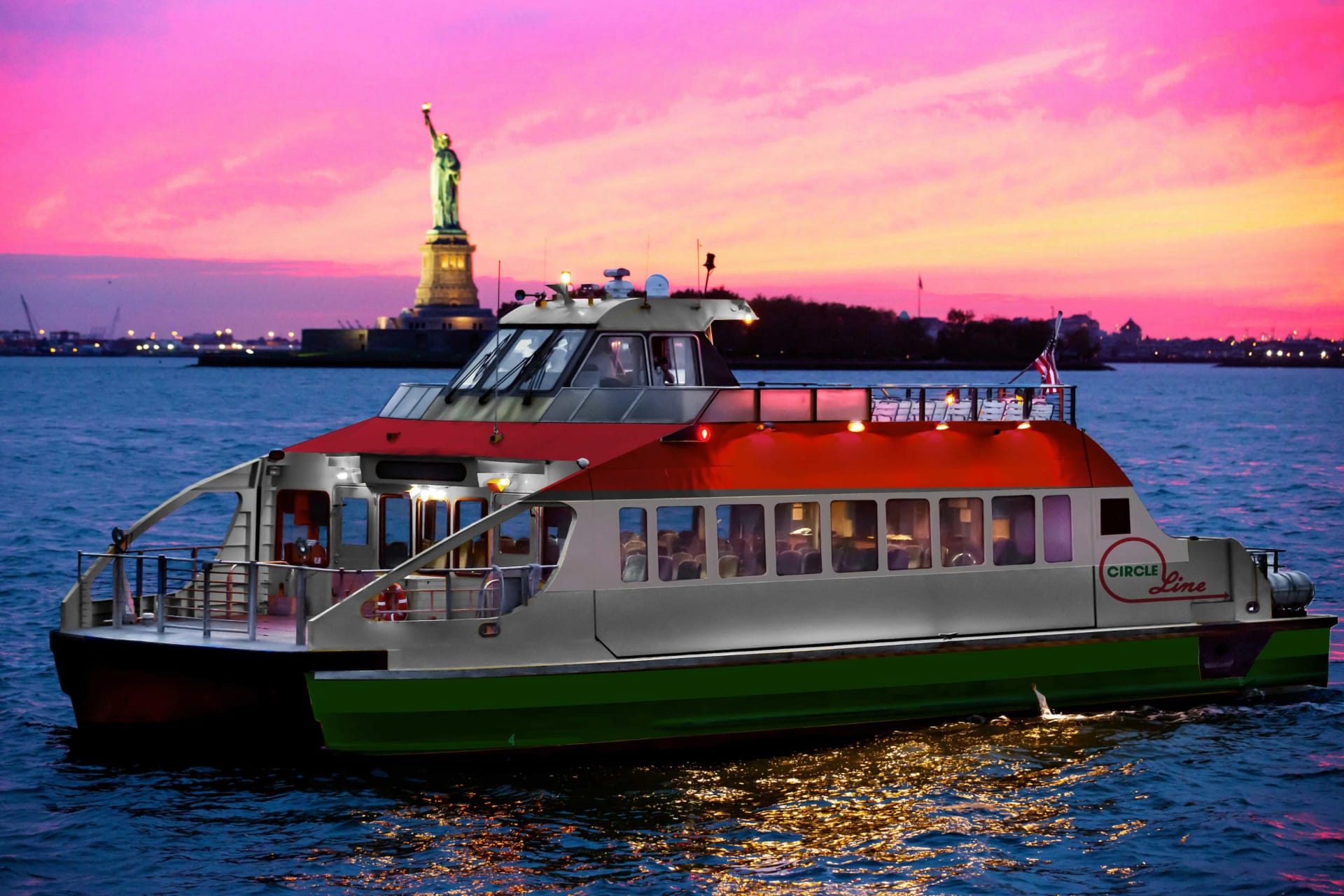 Statue of Liberty at sunset on New York cruise