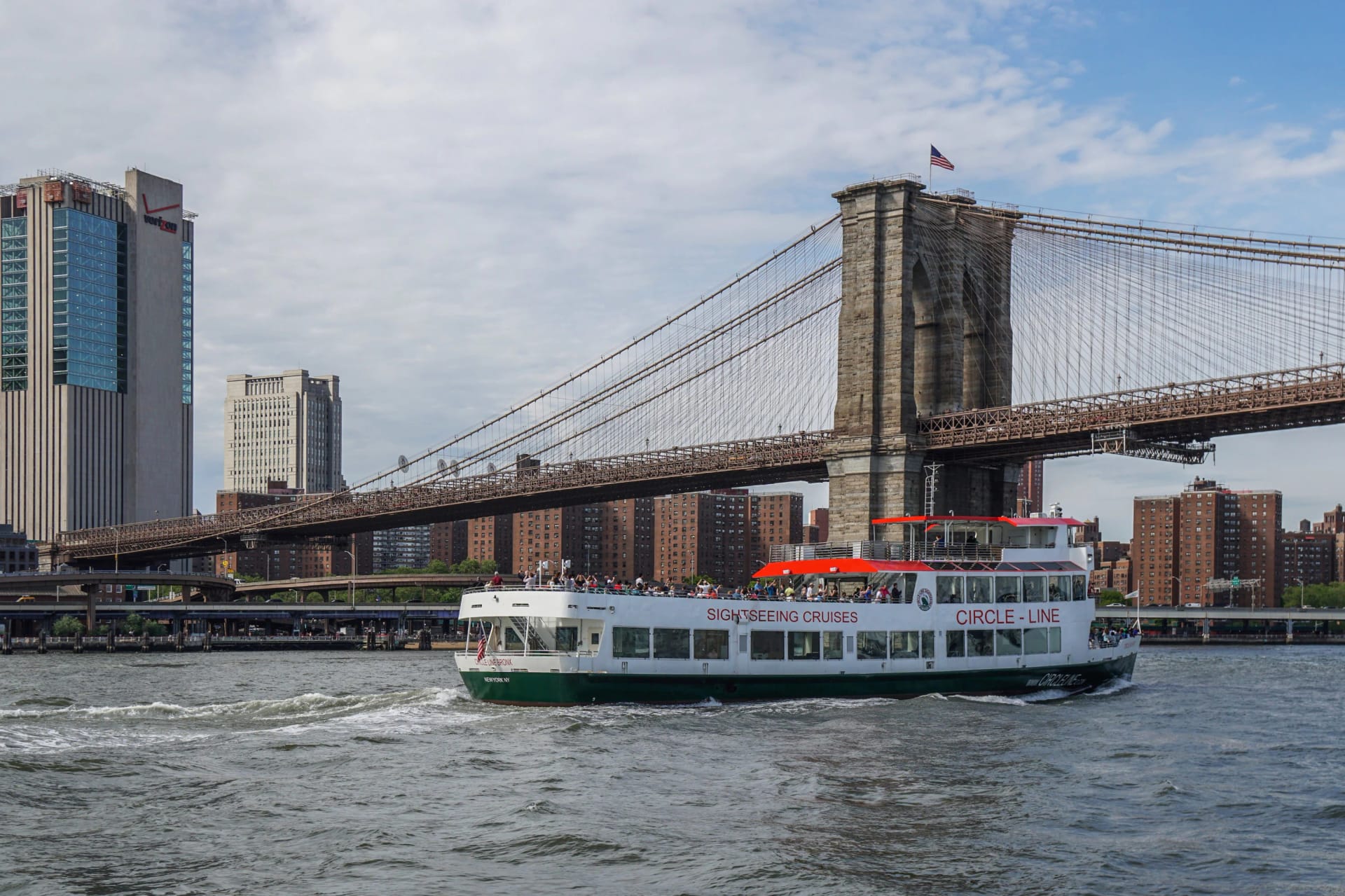 Cruise under Brooklyn Bridge on Circle Line in New York