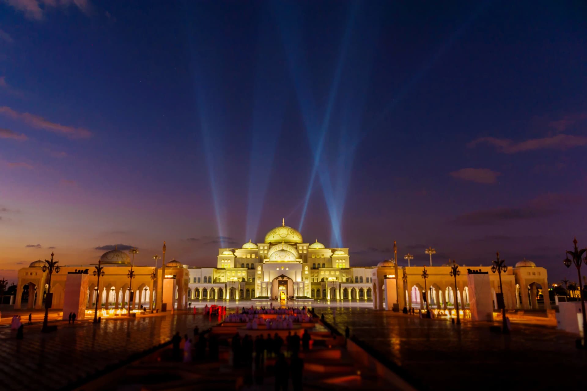Illuminated Qasr Al Watan at night in Abu Dhabi