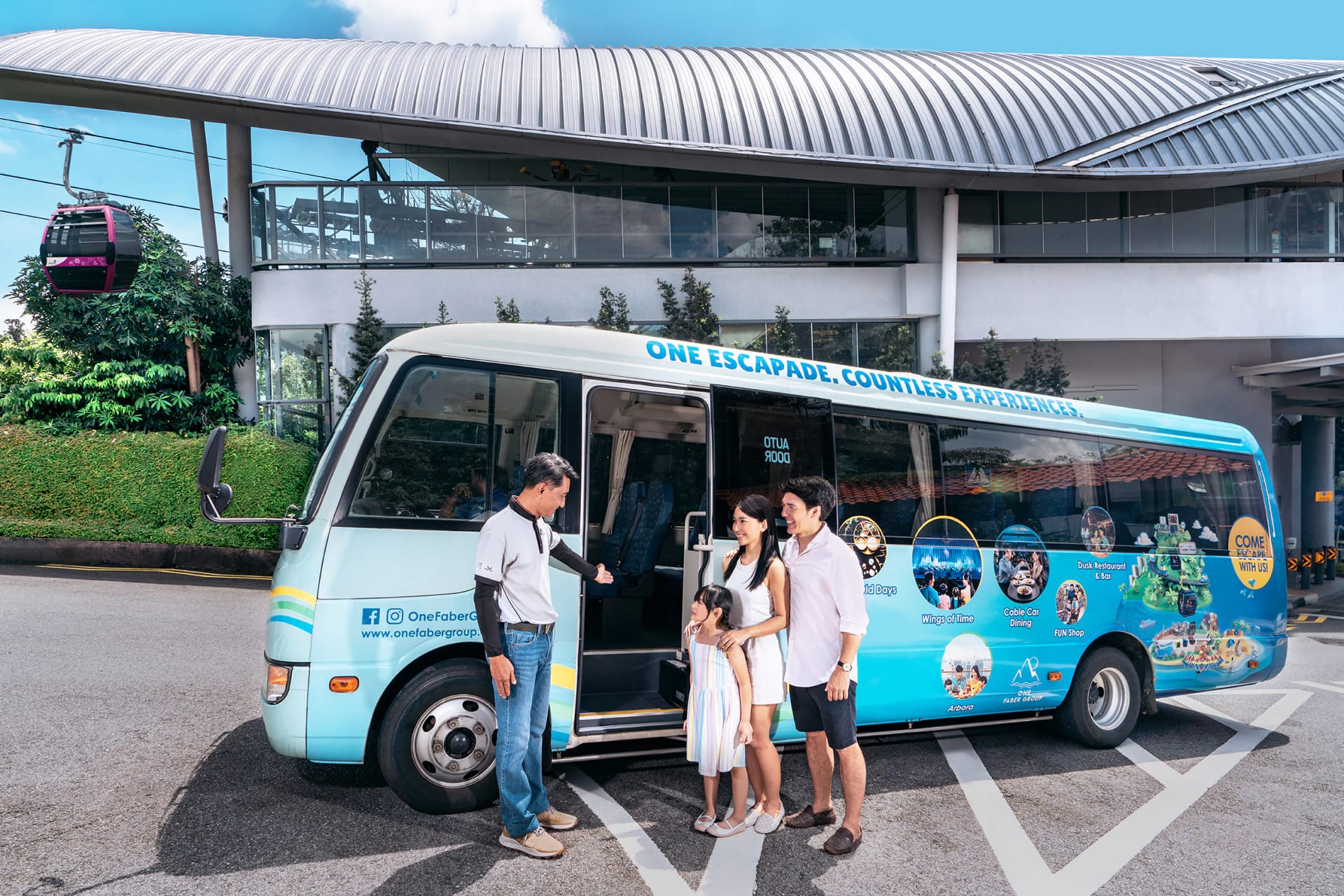 family enjoying Sentosa Island bus tour in Singapore