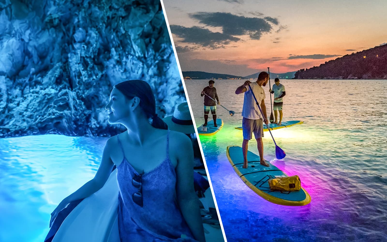 Combo (Save 8%): Boat Tour to Blue Cave, Blue Lagoon & 5 Islands + Glow Stand-Up Paddleboard or Kayak Night Tour