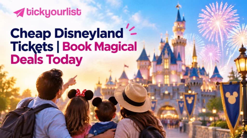 Cheap Disneyland tickets banner showing a family enjoying a magical castle view with fireworks and special ticket deals