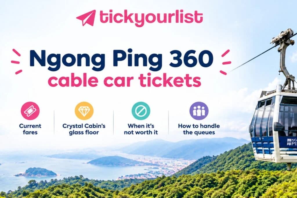 Ngong Ping 360 cable car tickets with current fares, Crystal Cabin, and queue tips.