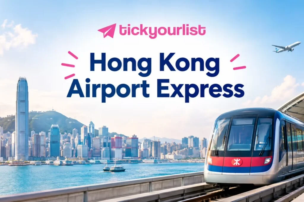 Hong Kong Airport Express train with the Hong Kong skyline and airport terminal in the background.
