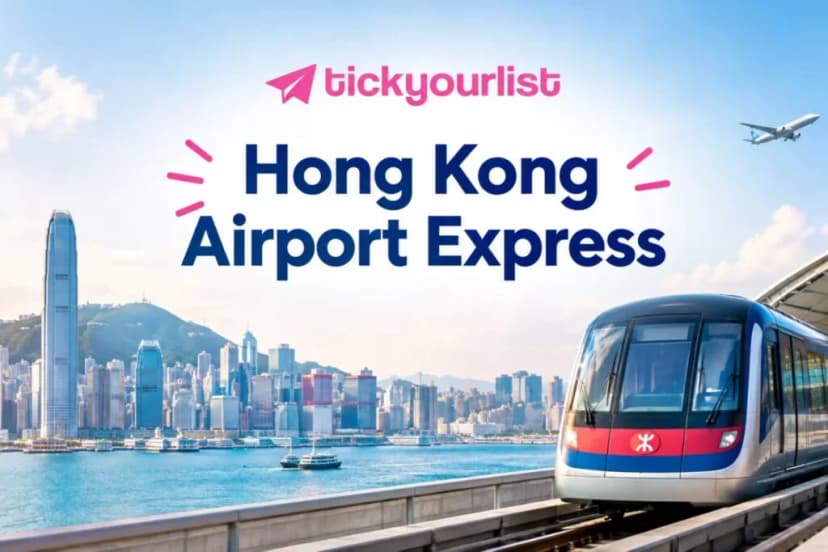 Hong Kong Airport Express train with the Hong Kong skyline and airport terminal in the background.