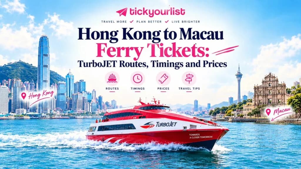Hong Kong to Macau ferry with TurboJET boat, city skyline.
