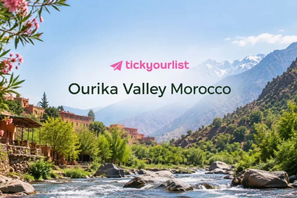 Ourika Valley Morocco with scenic Atlas Mountains, lush greenery, flowing river.