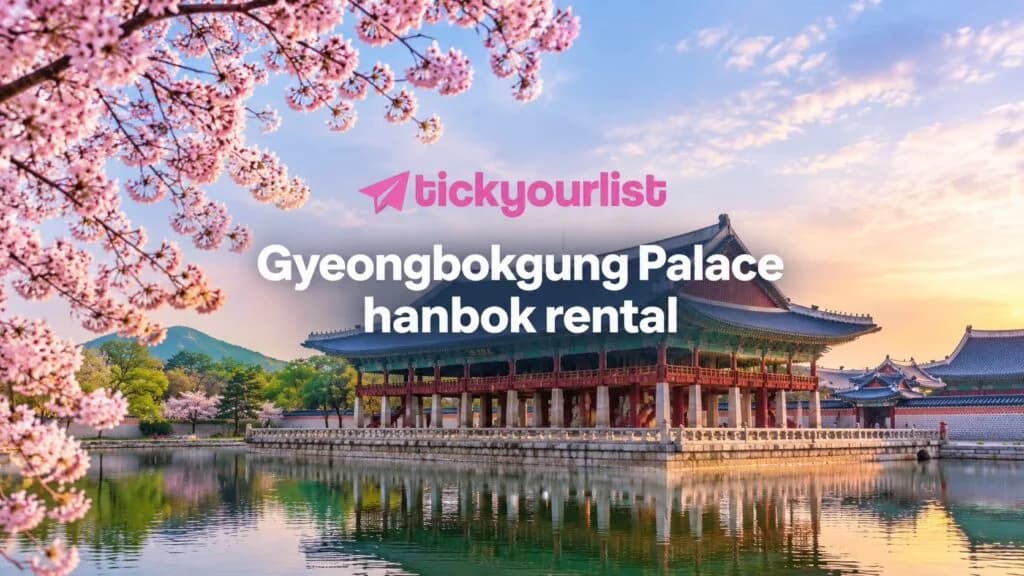 Gyeongbokgung Palace in Seoul at sunset, framed by cherry blossoms