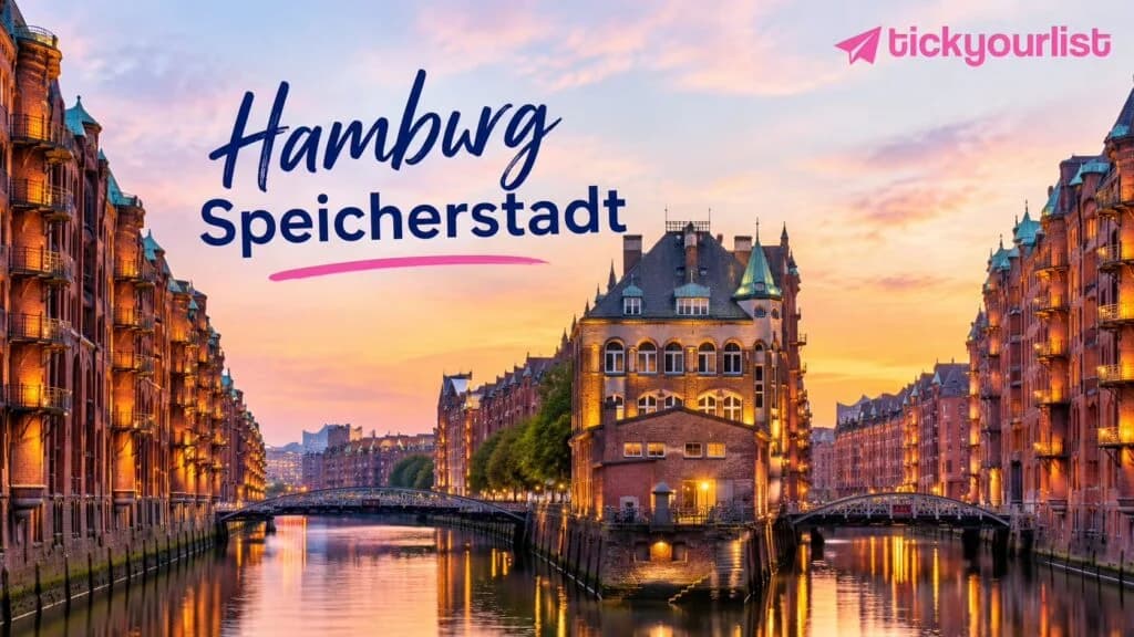 Hamburg Speicherstadt at sunset, featuring historic red-brick warehouses, canals, bridges, glowing city lights