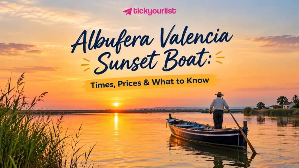 Albufera Valencia sunset boat ride across calm waters at golden hour, with a traditional boatman, glowing sunset.