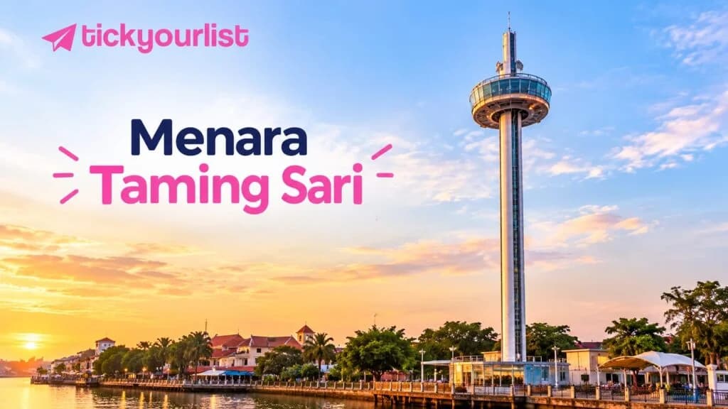 Menara Taming Sari observation tower in Melaka, Malaysia, at sunset.